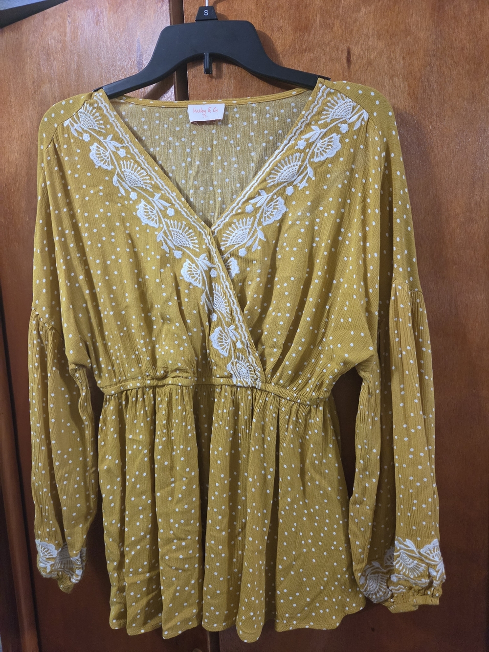 Mustard Polka Dot Embroidered V-Neck Women’s Blouse